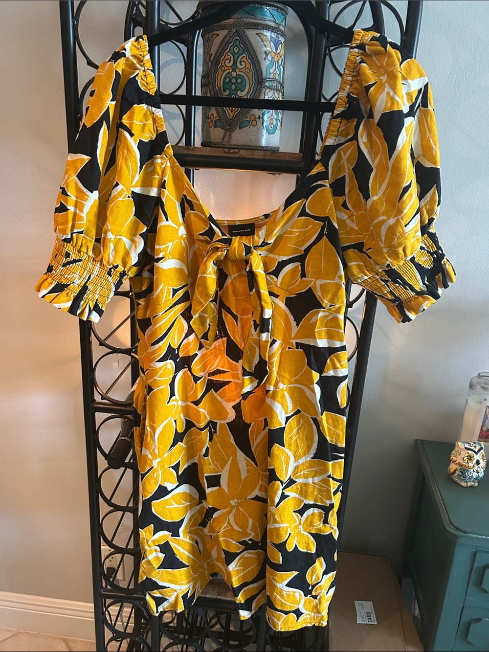 Who What Wear Yellow and Black Floral Mini Dress linen XL